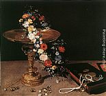 Golden Canvas Paintings - Still-Life with Garland of Flowers and Golden Tazza